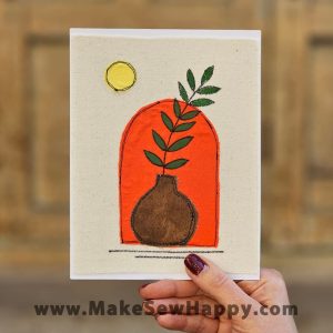 کارت پستال پارچه‌ای طرح گلدان و برگ نارنجی