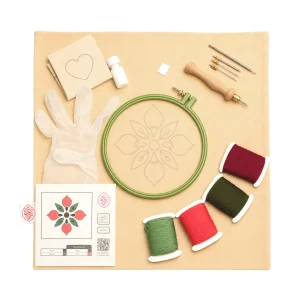 محتویات جعبه آموزش هنر دوخت برجسته (نیدل پانچ) روی کوسن طرح سنتی شامل کوسن طرح‌دار دوخته‌شده، کارگاه، سوزن نیدل پانچ، نخ‌ها و نقشه